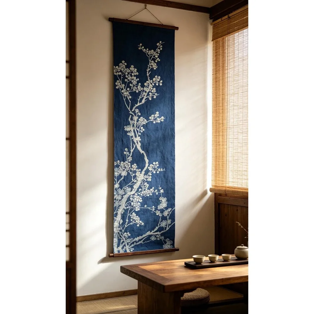 Handmade Indigo Batik Table Linen Set– Plum Blossom Runner, Placemats & Coasters